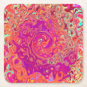 Retro Abstract Coral and Purple Marble Swirl Square Paper Coaster