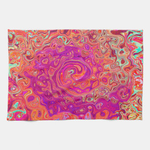 Retro Abstract Coral and Purple Marble Swirl Tea Towel