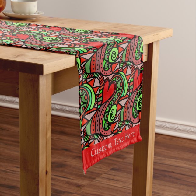 Retro Abstract Doodle Red Hearts Romantic Name Short Table Runner (In Situ)