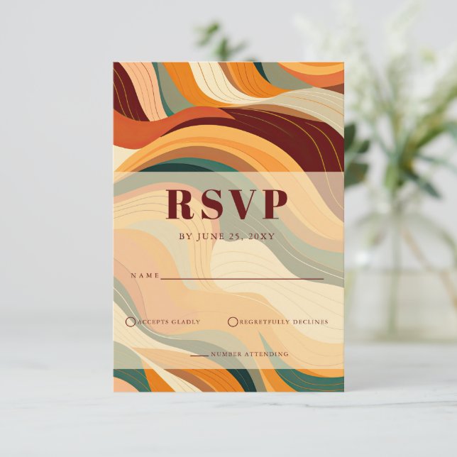 Retro Abstract Earthy Terracotta Orange Wedding RSVP Card (Standing Front)