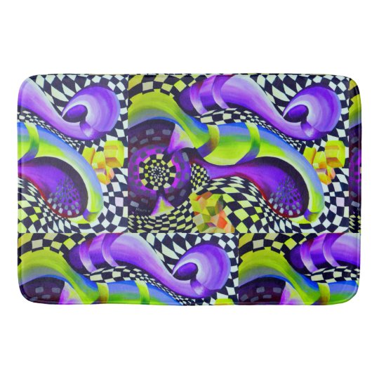 Retro Abstract Electric Blue and Harlequin Green Bath Mat