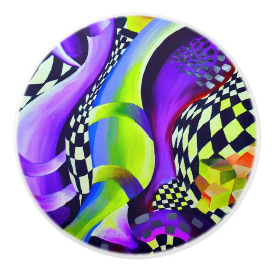 Retro Abstract Electric Blue and Harlequin Green Ceramic Knob