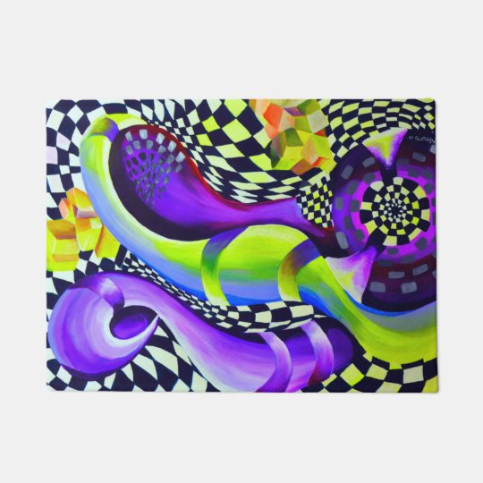 Retro Abstract Electric Blue and Harlequin Green Doormat