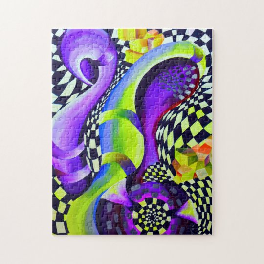 Retro Abstract Electric Blue and Harlequin Green Jigsaw Puzzle