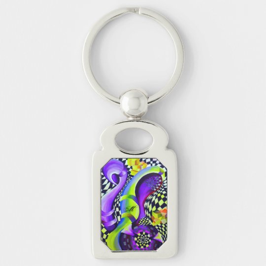 Retro Abstract Electric Blue and Harlequin Green Key Ring