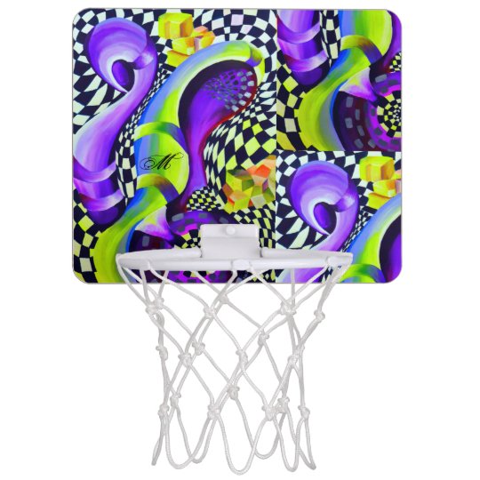 Retro Abstract Electric Blue and Harlequin Green Mini Basketball Hoop