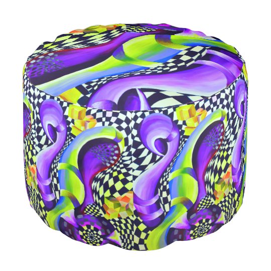 Retro Abstract Electric Blue and Harlequin Green Pouf