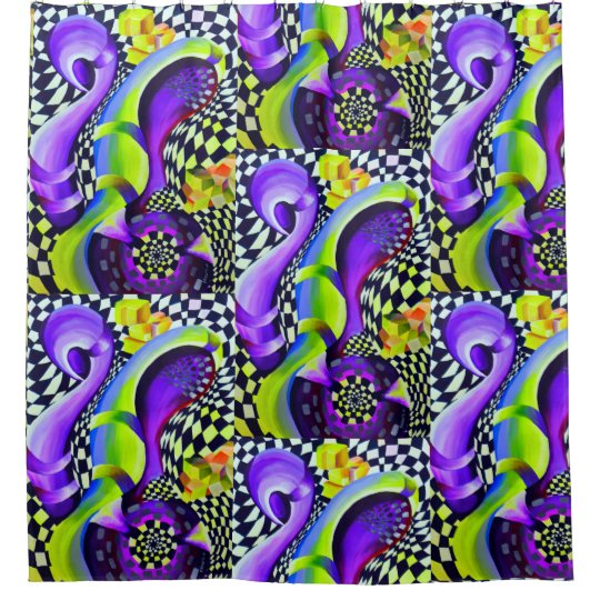 Retro Abstract Electric Blue and Harlequin Green Shower Curtain