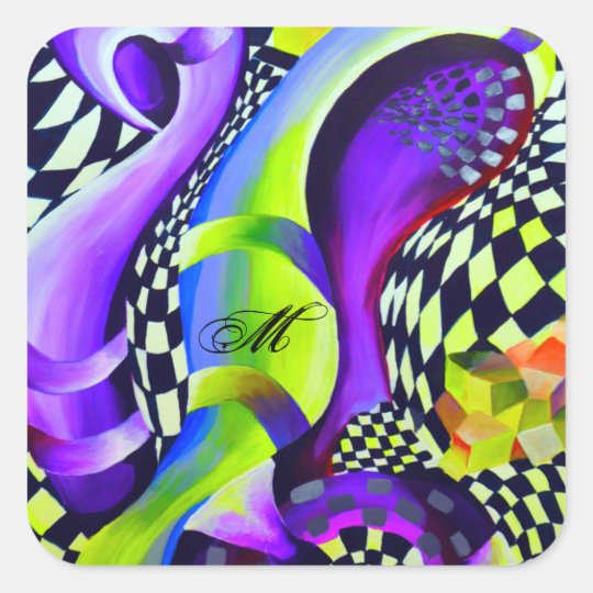 Retro Abstract Electric Blue and Harlequin Green Square Sticker