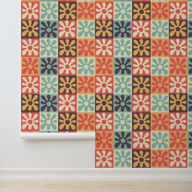 Retro Abstract Floral Check Mid Century Wallpaper (Application)