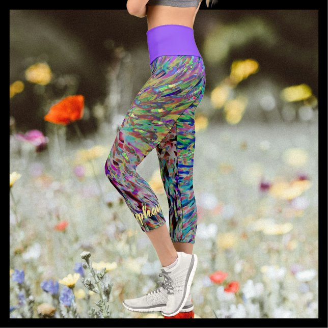 Retro Abstract Floral Purple Yellow Blue Name  Capri Leggings (Creator Uploaded)