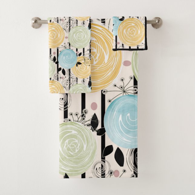 Retro, abstract flowers bath towel set (Insitu)