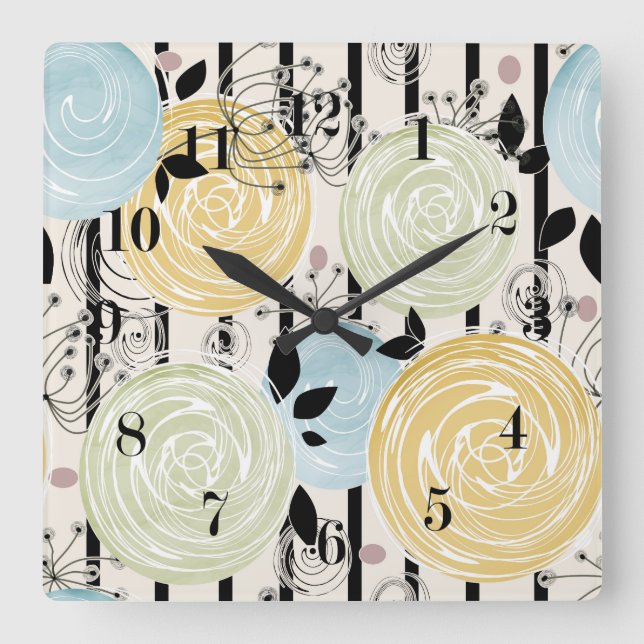 Retro, abstract flowers square wall clock (Front)