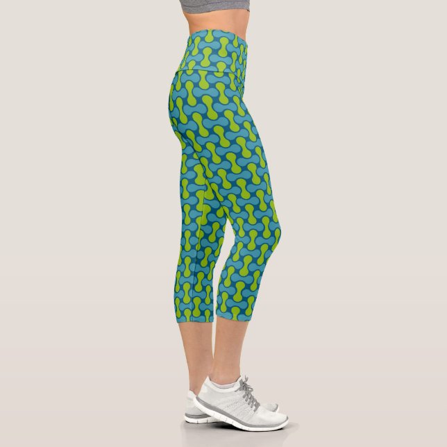 Retro Abstract Geometric Pattern in Blue and Green Capri Leggings (Right)