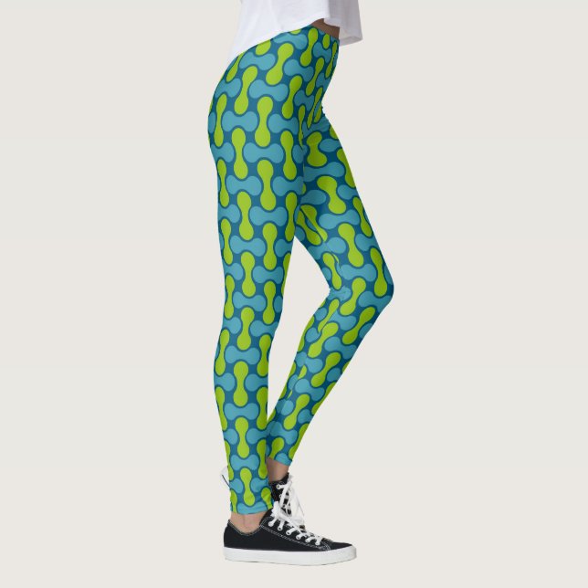 Retro Abstract Geometric Pattern in Blue and Green Leggings (Right)