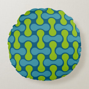 Retro Abstract Geometric Pattern in Blue and Green Round Cushion