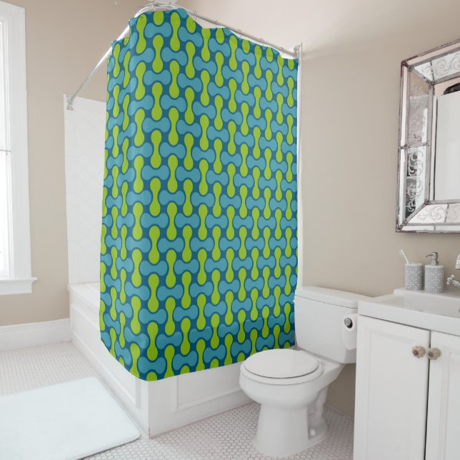 Retro Abstract Geometric Pattern in Blue and Green Shower Curtain (In Situ)