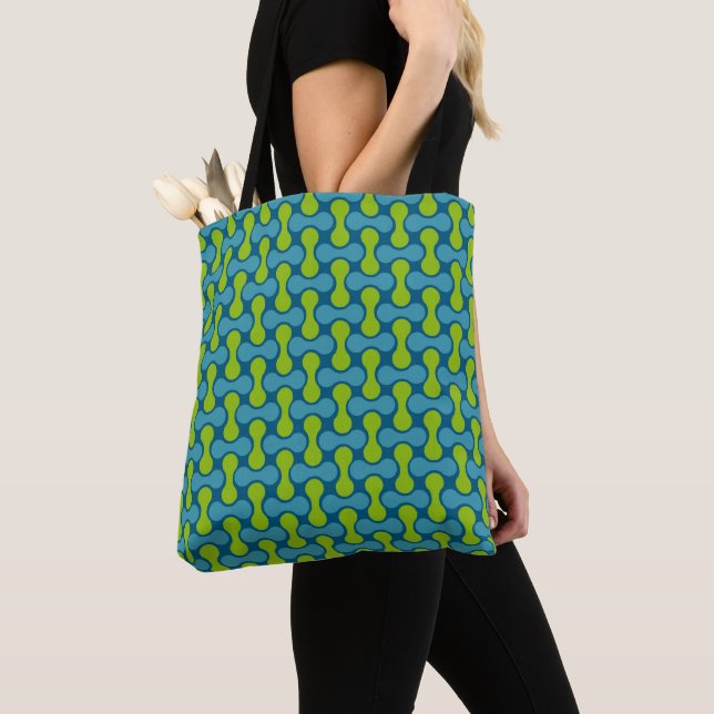 Retro Abstract Geometric Pattern in Blue and Green Tote Bag (Close Up)