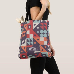 Retro Abstract Geometric Pattern Personalised Name Tote Bag