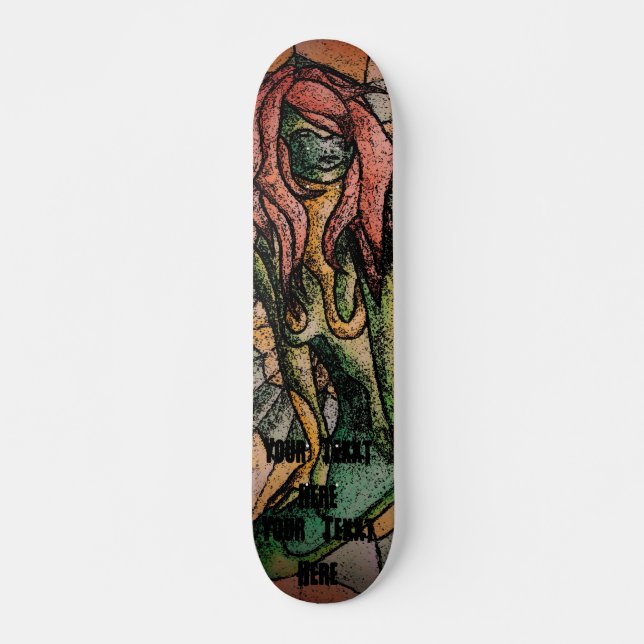 retro abstract green lady street art style skateboard (Front)