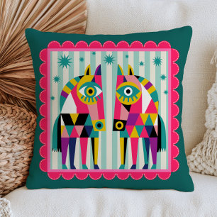 Retro Abstract Horses with Evil Eyes Maximalist Cushion