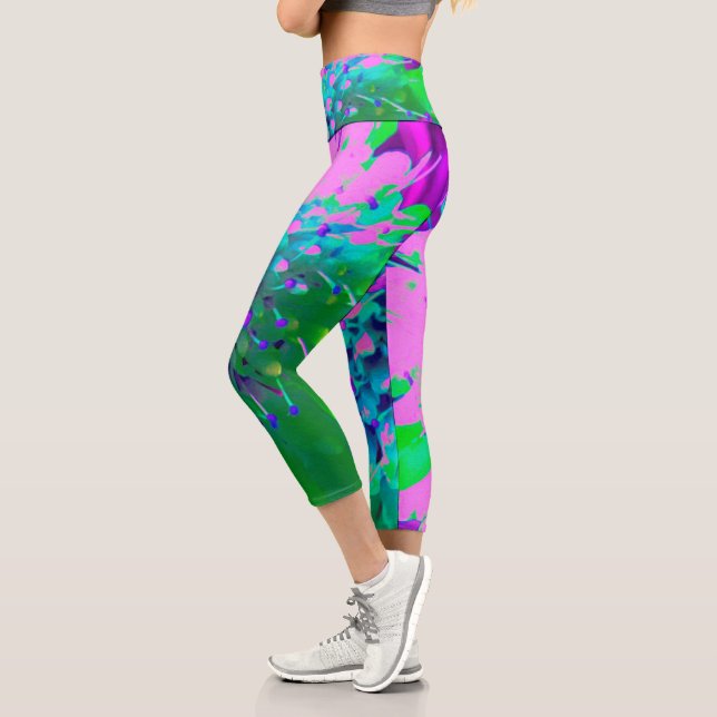 Retro Abstract Magenta and Lime Green Flower Capri Leggings (Left)