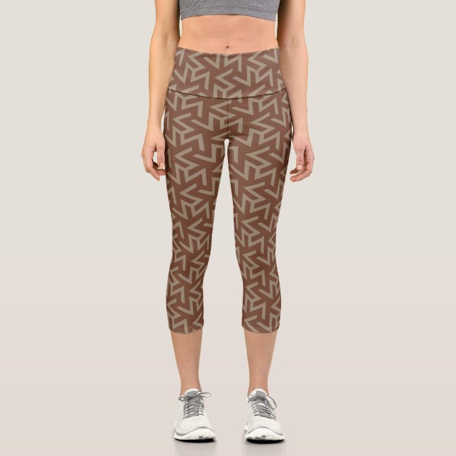 Retro Abstract Mid-Century Modern Pattern in Brown Capri Leggings (Front)