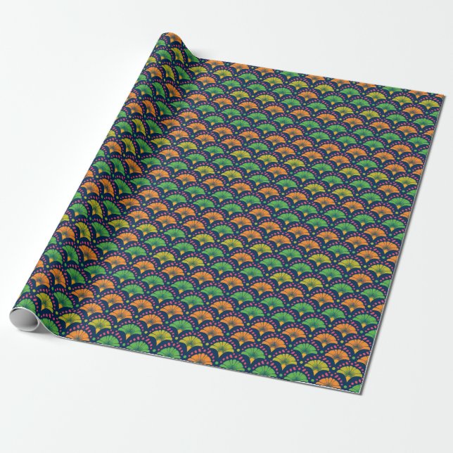 Retro Abstract Neon Dot and Fan Repeating Pattern Wrapping Paper (Unrolled)