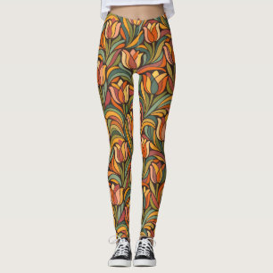 Retro Abstract Orange Tulip Floral Yoga Style  Leggings