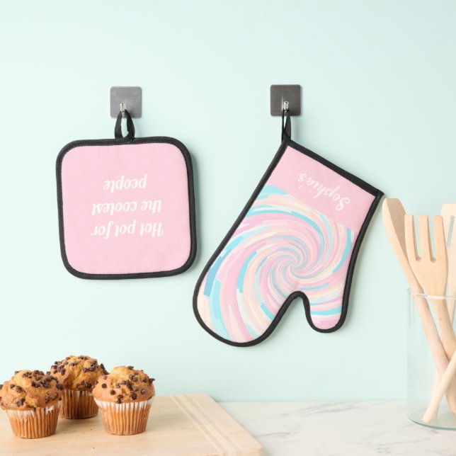 Retro Abstract Pastel Pink Colour Wavy Vortex Oven Mitt & Pot Holder Set (Insitu(Hanging))