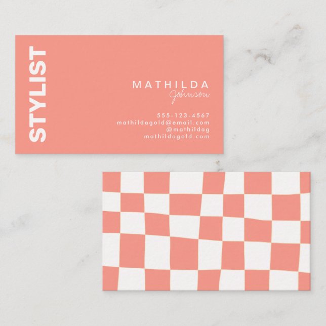 Retro Abstract Peach White Chequerboard Artsy Business Card (Front/Back)