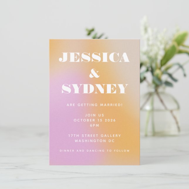 Retro Abstract Pink and Orange Gradient Wedding  Invitation (Standing Front)
