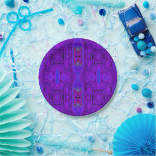Retro Abstract Purple and Royal Blue Pattern Paper Plate