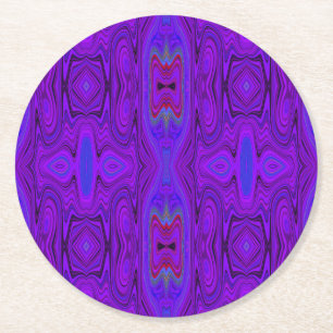 Retro Abstract Purple and Royal Blue Pattern Round Paper Coaster