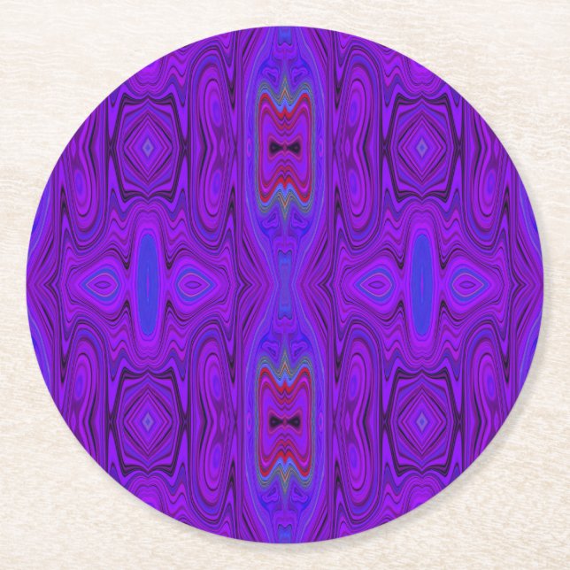 Retro Abstract Purple and Royal Blue Pattern Round Paper Coaster (Front)