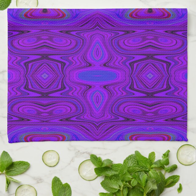 Retro Abstract Purple and Royal Blue Pattern Tea Towel (Folded)