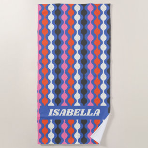 Retro Abstract Stripes Blue Pink Personalised Name Beach Towel