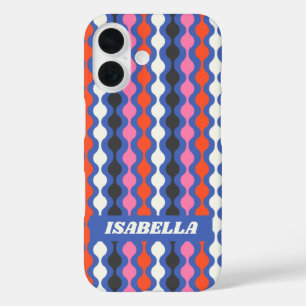 Retro Abstract Stripes Blue Pink Personalised Name iPhone 16 Case