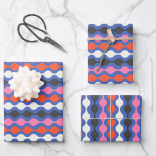 Retro Abstract Stripes in Bright Blue and Pink Wrapping Paper Sheet