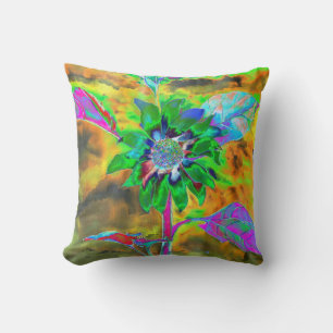 Retro abstract sunflower painting green gold cushion