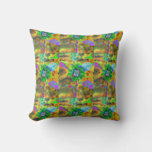 Retro abstract sunflower painting green gold cushion