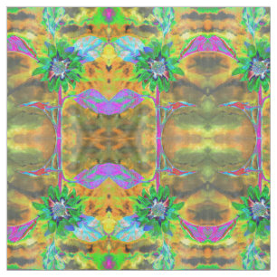 Retro abstract sunflower painting green gold fabric