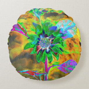 Retro abstract sunflower painting green gold round cushion