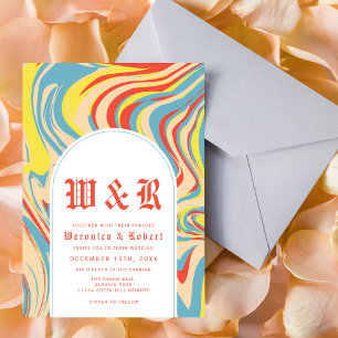 Retro Abstract Swirl Arch 70s Monogram  Invitation