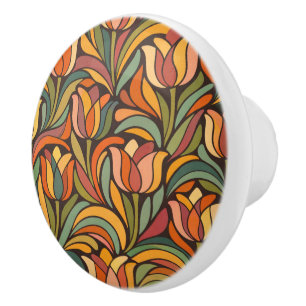 Retro Abstract Tulip Floral Pattern Ceramic Knob