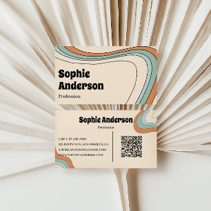 Retro Abstract Wave Rainbow with QR Code Business Card