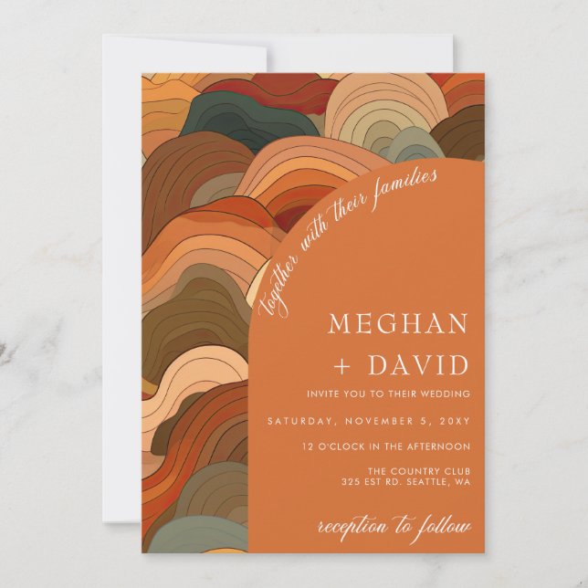 Retro Abstract Waves Terracotta Orange Wedding Invitation (Front)