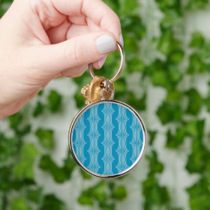 Retro Abstract White Lines on Blue Pattern Key Ring