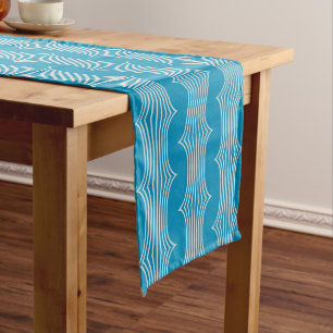 Retro Abstract White Lines on Blue Pattern Long Table Runner