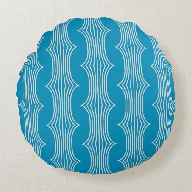 Retro Abstract White Lines on Blue Pattern Round Cushion (Front)